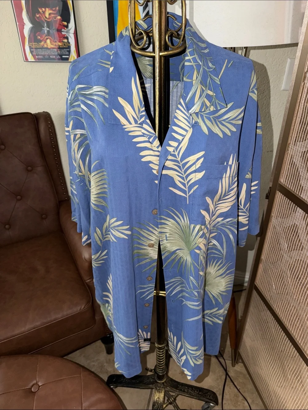 Tommy Bahama Blue and Cream Tropical Leaf Camp Shirt - Picture 1 of 4